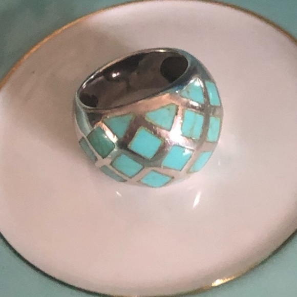 Vintage Turquoise Inlaid 925 Dome Ring - Picture 2 of 11